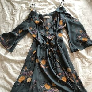 Blue floral cold shoulder wrap dress